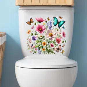 Detailed view of colorful flower and butterfly stickers applied on a white toilet.