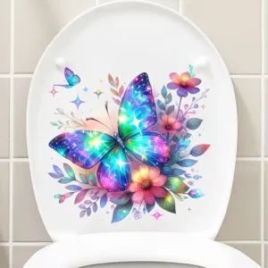 Close-up of vibrant colorful butterfly and flower waterproof toilet seat sticker