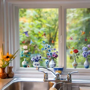 Adhesivos estáticos para ventanas con jarrones de flores y aves en ventana de cocina