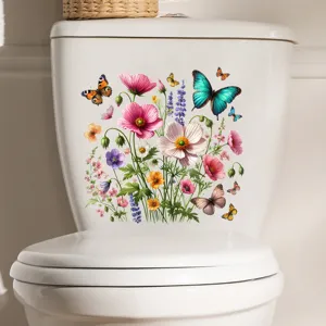 Colorful floral and butterfly waterproof sticker applied on a white porcelain toilet tank