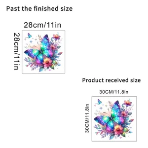 Colorful butterfly wall sticker size guide showing 28cm finished and 30cm received sizes
