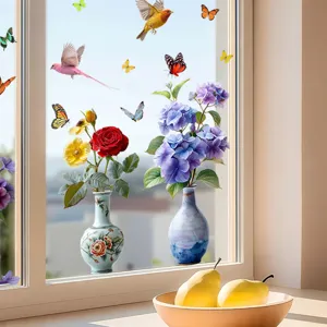 Pegatinas estáticas para ventanas con mariposas de colores y jarrones de flores en vidrio