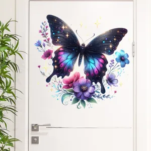 Dreamy galaxy butterfly wall decal with colorful flowers on a minimalist white door