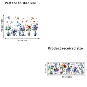 Comparación detallada de diseño y tamaño final para pegatinas estáticas de flores y aves