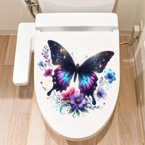 Detailed view of colorful butterfly waterproof sticker applied on a white toilet lid