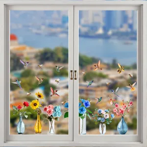 Pegatinas estáticas decorativas para ventanas con colibríes de colores y jarrones de flores