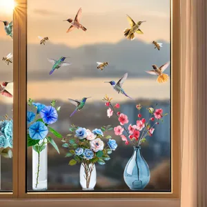 Pegatinas decorativas de colibríes y jarrones de flores para ventanas de cristal