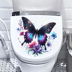 Vibrant colorful butterfly and flower waterproof decal sticker on a white toilet lid.