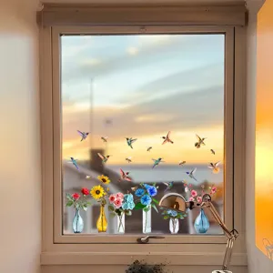 Pegatinas estáticas para ventanas con colibríes y jarrones de flores al atardecer