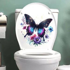 Vibrant colorful butterfly waterproof toilet lid sticker with floral and star accents