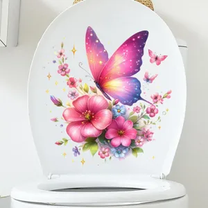 Detail showing a colorful butterfly and flower waterproof decal on a white toilet lid.