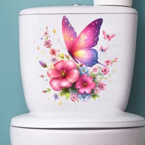 Vibrant colorful butterfly and floral waterproof decal applied to a white toilet tank surface