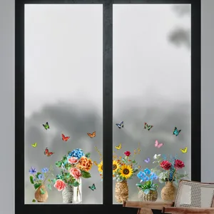 Pegatinas estáticas para ventanas con mariposas y flores de colores para decoración
