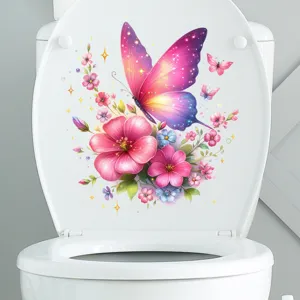 Close-up of vibrant butterfly and flower waterproof toilet lid sticker decoration