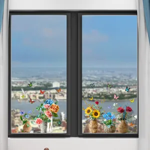 Pegatinas estáticas para ventanas con jarrones de flores y mariposas de colores vivos