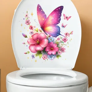 Detailed view of vibrant butterfly and floral waterproof sticker on a toilet lid