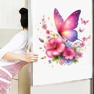 Vibrant colorful butterfly and flower wall decal applied to a clean white refrigerator