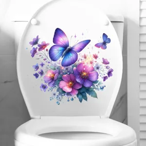 Close-up of vibrant purple butterfly and floral waterproof decal on a white toilet lid
