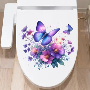 Detailed view of colorful butterfly and flower waterproof decal on a white toilet lid
