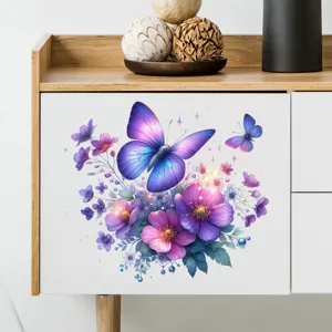 Detailed view of colorful butterfly and flower waterproof wall stickers on a cabinet