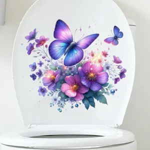 Close-up detail of colorful butterfly and flower waterproof self-adhesive toilet seat sticker