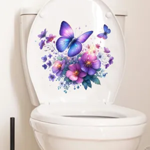 Vibrant purple butterfly and floral waterproof toilet lid decorative sticker