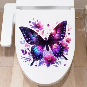 Detailed view of vibrant purple butterfly and floral waterproof decal on a white toilet lid.