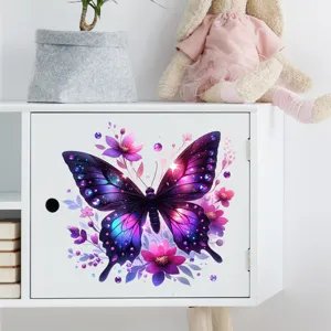 Detailed view of vibrant purple butterfly wall sticker with floral accents on a cabinet