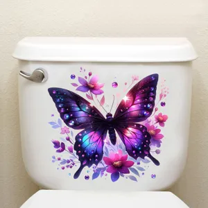 Vibrant purple butterfly waterproof toilet sticker with floral design for bathroom decor