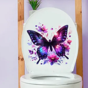 Colorful purple butterfly waterproof self-adhesive decal applied on a white toilet lid