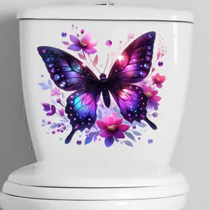 Vibrant purple butterfly toilet sticker with floral design on white background.