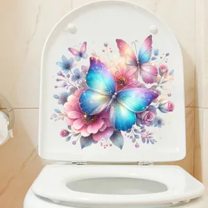 Close-up of vibrant butterfly and flower waterproof sticker on a white toilet lid.