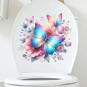Detail view of a colorful butterfly waterproof decal applied to a white toilet lid.