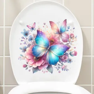 Detailed view of vibrant colorful butterfly and floral waterproof toilet lid decorative sticker.