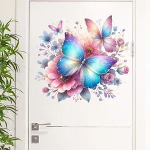 Close-up view of a vibrant colorful butterfly and floral wall sticker applied on a white door