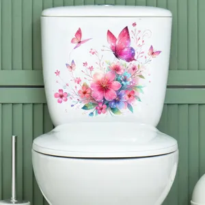 Colorful butterfly and floral waterproof self-adhesive sticker shown on a toilet tank