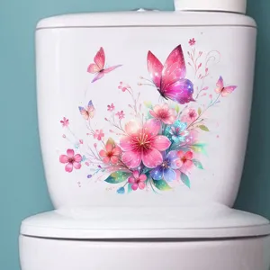Vibrant colorful butterfly and floral waterproof self-adhesive decal on white toilet tank