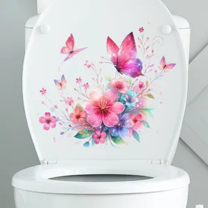Vibrant floral butterfly sticker applied on a white toilet lid for bathroom decor.