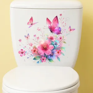 Detailed view of colorful butterfly and flower stickers on a white toilet tank