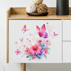 Detail view of colorful butterfly and flower wall decal applied to a white cabinet