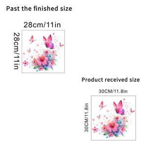 Detail of colorful flower and butterfly wall sticker showing received and finished sizes