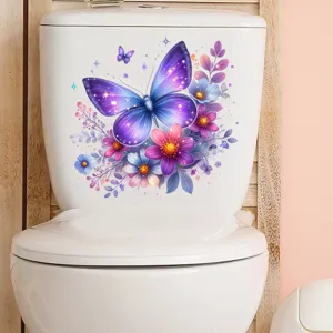 Colorful purple butterfly and floral waterproof decal applied to a white toilet tank
