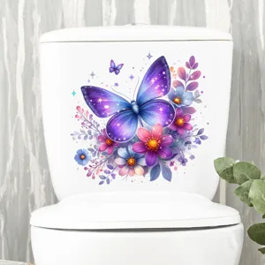 Close-up of vibrant purple butterfly and floral sticker applied on a white toilet.