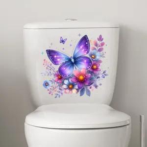 Vibrant purple butterfly and flowers waterproof decal sticker on a white toilet tank