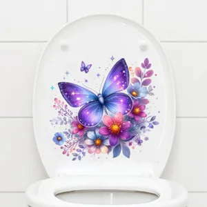 Vibrant purple butterfly and floral waterproof decal sticker for toilet lid decoration