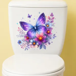 Detailed view of colorful butterfly and flower waterproof decal on a white toilet tank.