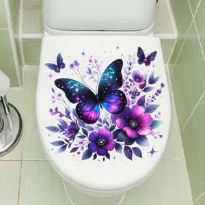 Vibrant purple butterfly and floral waterproof sticker applied to a white toilet lid.