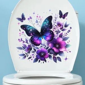Waterproof toilet lid decal featuring a vibrant purple butterfly and floral design