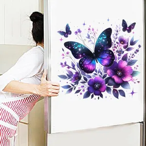 Close-up of vibrant purple butterfly and flower wall decal on a smooth white surface