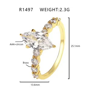 Technical detail of a gold marquise-cut zircon ring with measurements and materials.